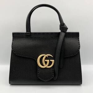 GUCCI Top Handle Bag Handbag Shoulder Leather Black GG Marmont